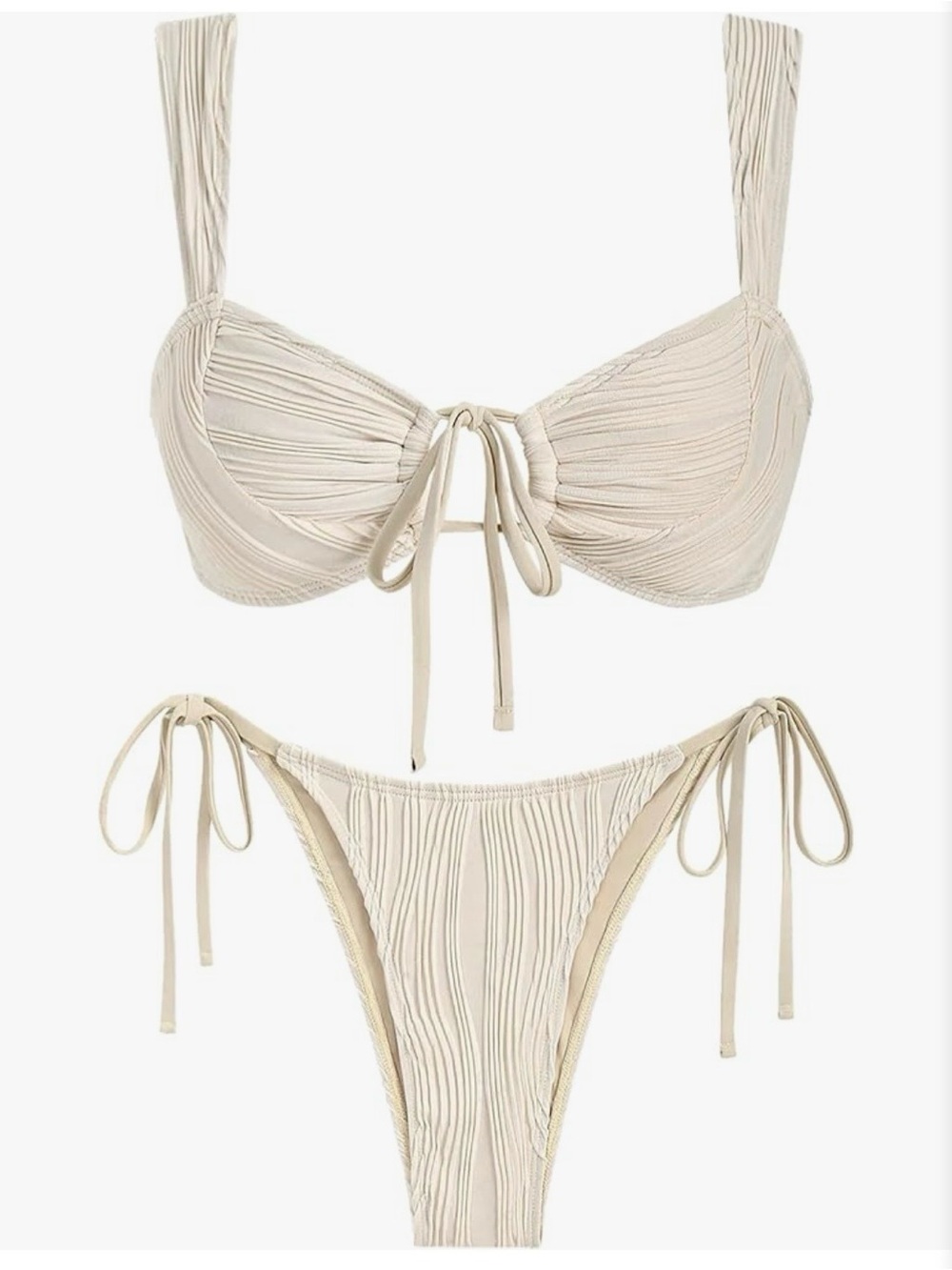 Tie-Front Ruched Cream Bikini Set - Women Swim